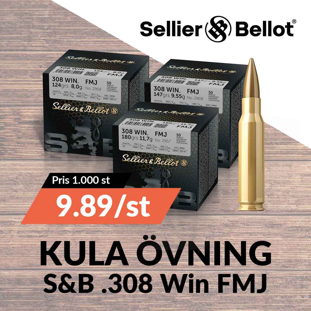 Sellier & Bellot kulammunition övning - .308 Win FMJ. Pris vid köp av 1000 st 9,89:-/st.