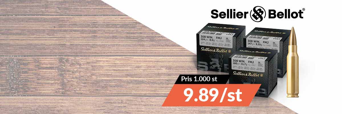 Sellier & Bellot kulammunition övning - .308 Win FMJ. Pris vid köp av 1000 st 9,89:-/st.