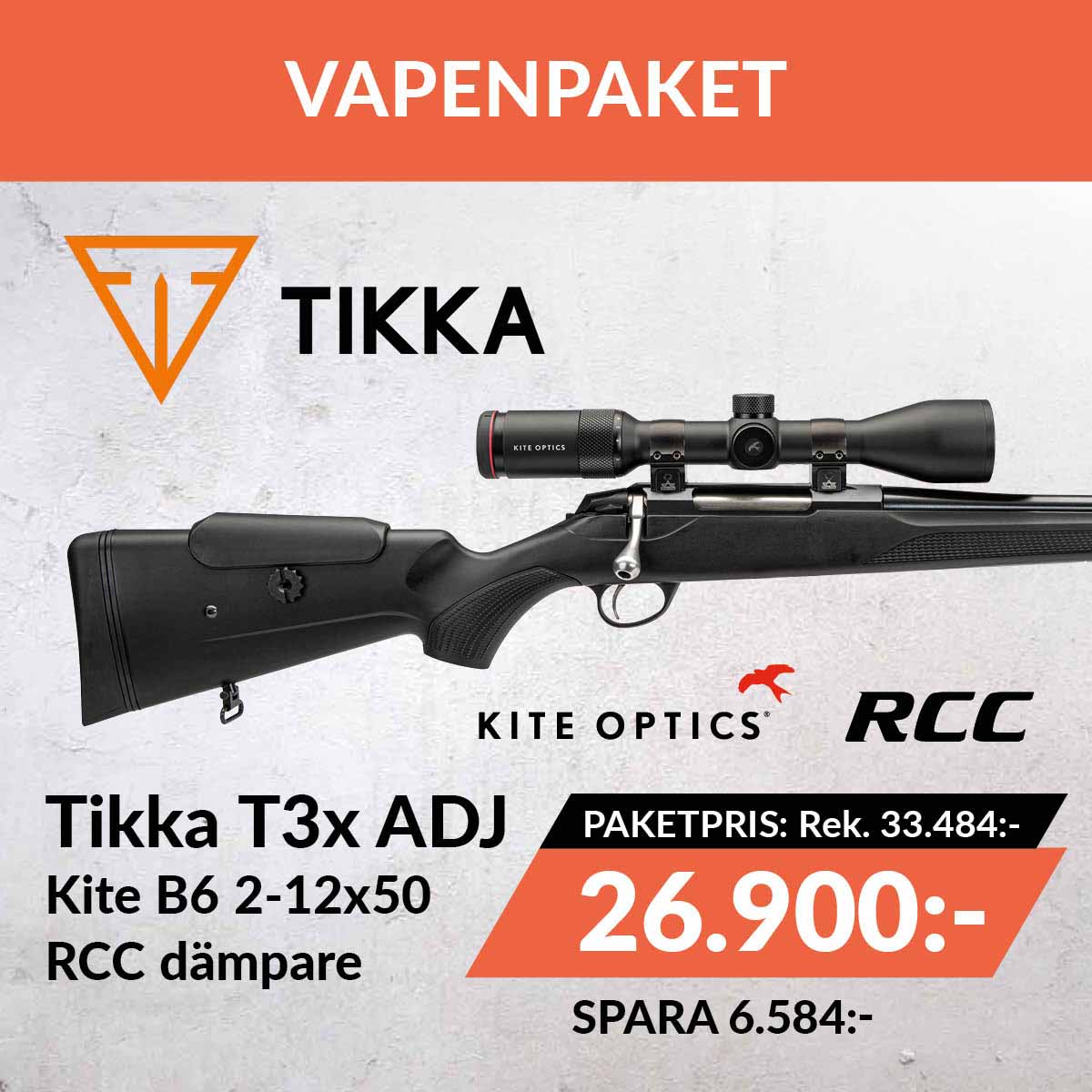 Tikka T3x ADJU med Kite Optics B6 2-12x50 och RCC ljuddämpare till paketpris 26900:-, rek. pris 33484:-. Spara 6584:-.