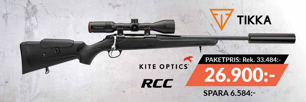 Tikka T3x ADJU med Kite Optics B6 2-12x50 och RCC ljuddämpare till paketpris 26900:-, rek. pris 33484:-. Spara 6584:-.